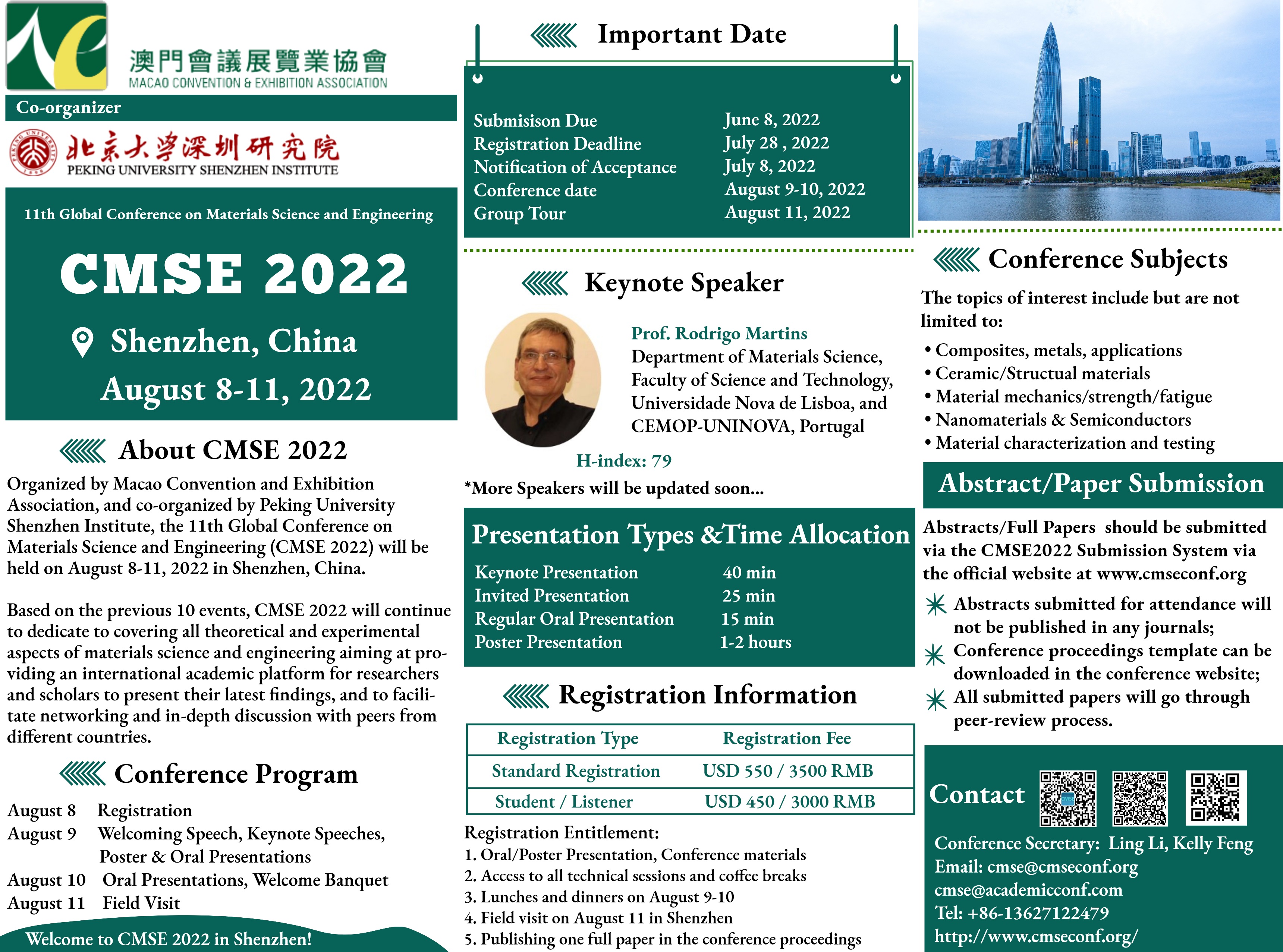 11th Global Conference on Materials Science and Engineering (CMSE 2022), Shenzhen, Guangdong, China