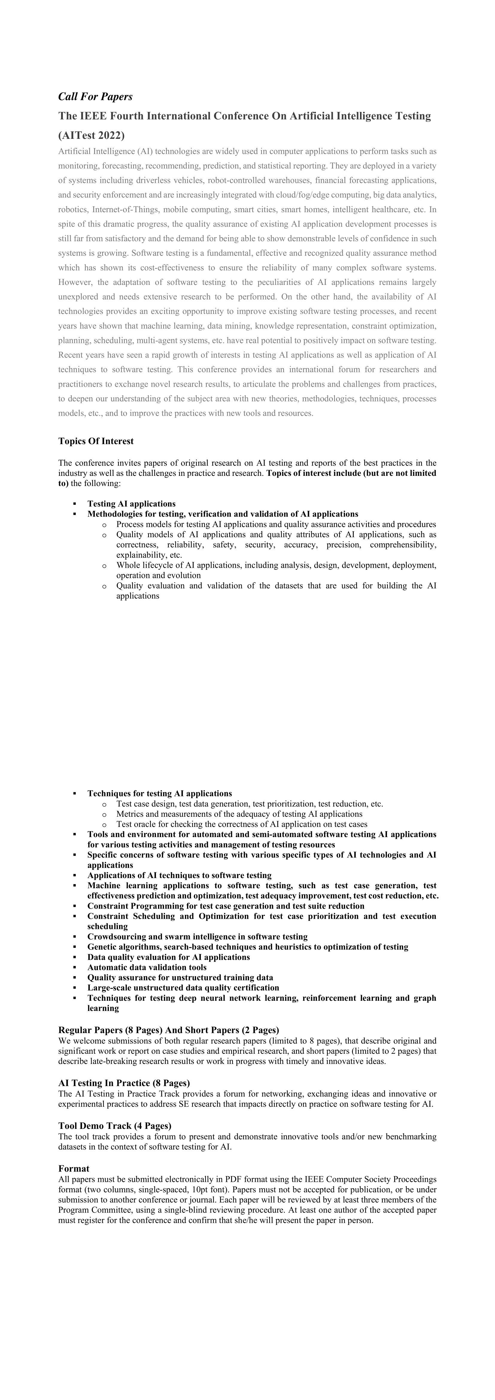 The IEEE Fourth International Conference On Artificial Intelligence Testing, San Francisco, California, United States
