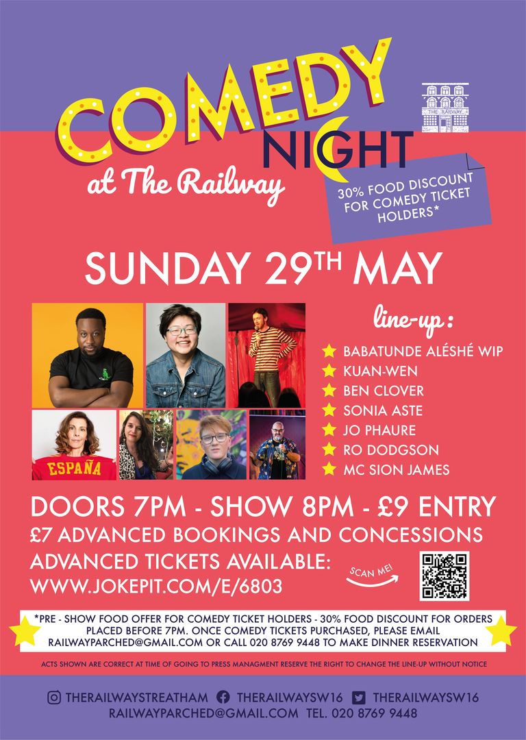 Collywobblers Comedy at The Railway Streatham : Babatunde Aleshe WIP, Kuan-wen, Ben Clover and guests, Greater London, England, United Kingdom