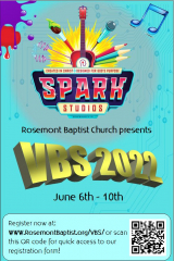 Rosemont Baptist Presents Spark's Studios Vacation Bible School (VBS) 2022 June 6-10th 9am-12pm