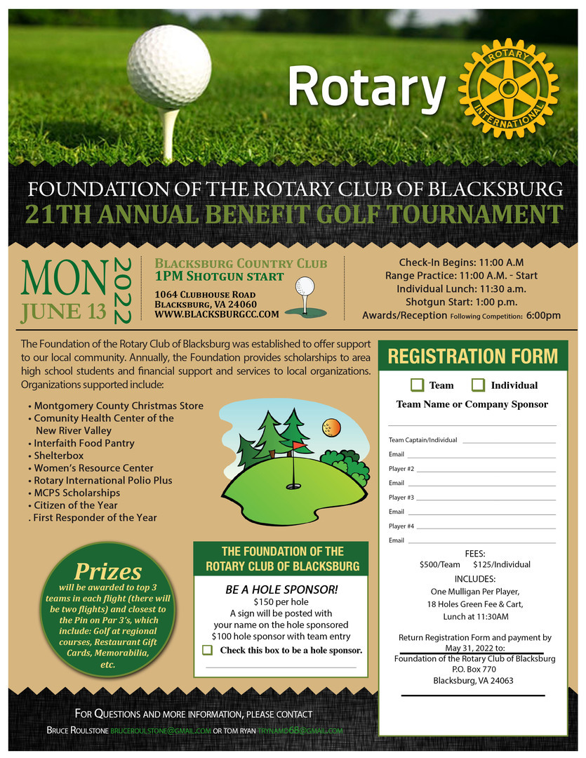 Foundation of the Rotary Club of Blacksburg 21st Annual Benefit Golf Tournament, Blacksburg, Virginia, United States