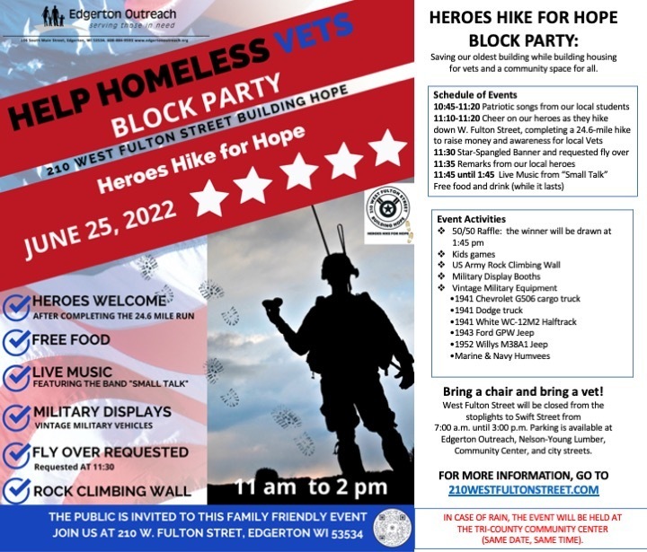 Heroes Hike for Hope Block Party: Supporting Local Vets. Free food and live music June 25 10:45-2:00, Edgerton, Wisconsin, United States