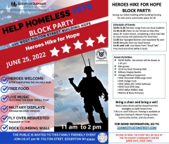 Heroes Hike for Hope Block Party: Supporting Local Vets. Free food and live music June 25 10:45-2:00