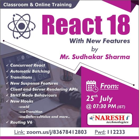 Attend Free Demo On React 18 with New Features by Mr. Sudhakar Sharma., Online Event