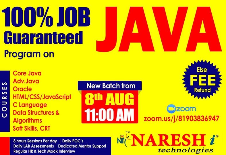 100% Job Guaranteed Program On Java Developer in NareshIT, Online Event