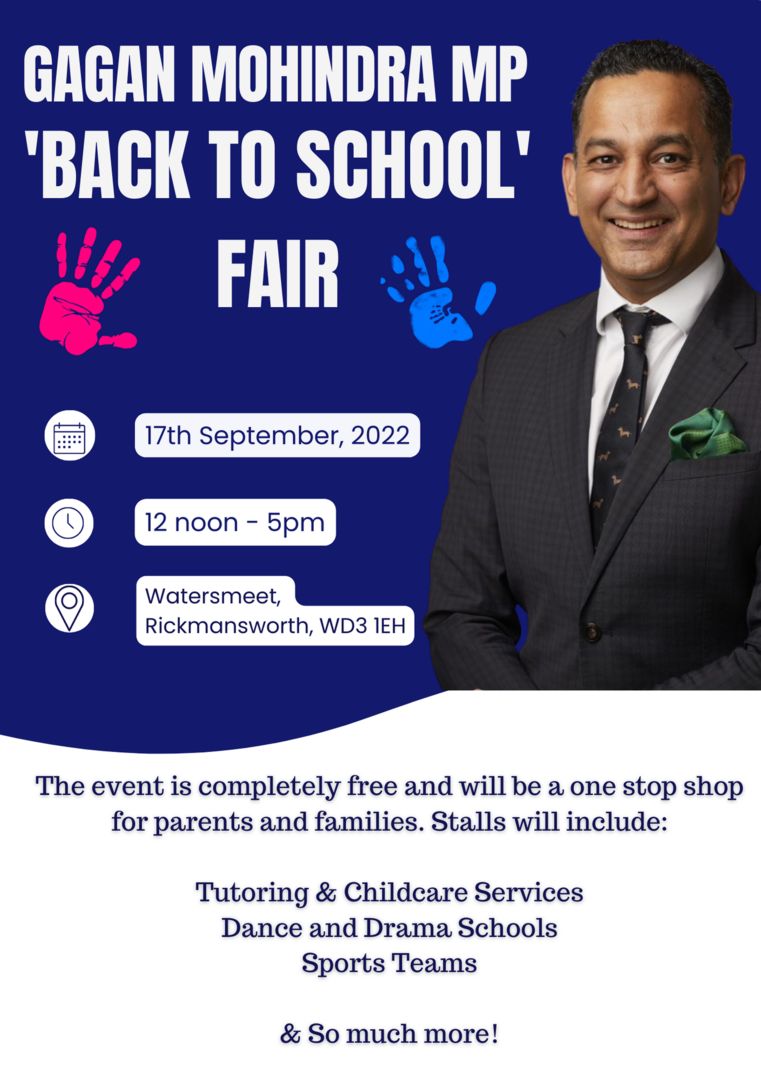 Gagan Mohindra MP 'Back to School Fair', Hertfordshire, England, United Kingdom