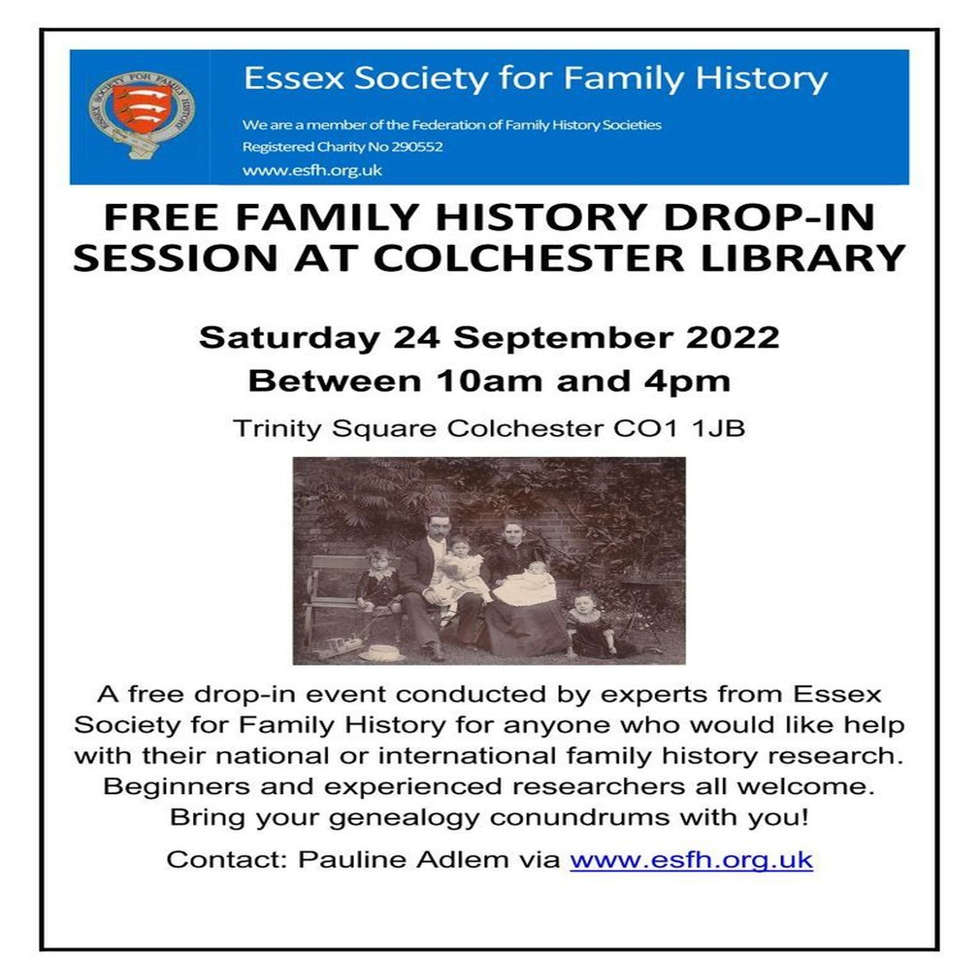 Free Family History Drop in Session at Colchester Library, Colchester, Essex, United Kingdom
