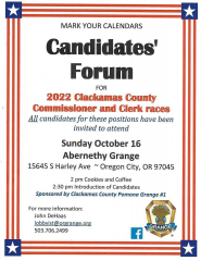 Clackamas County Commission and Clerk Candidate Forum, 2 PM, Oregon City October 16