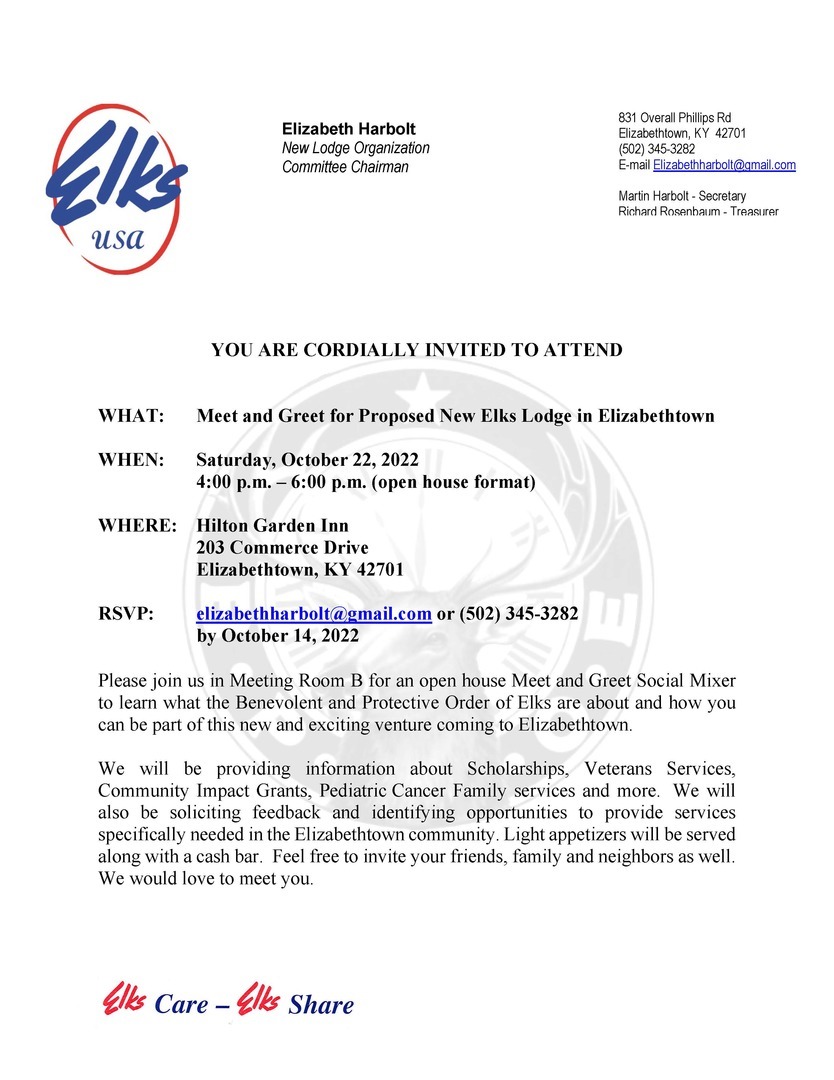 Proposed Elks Lodge Meet and Greet Social Mixer, October 22, 2022, Hilton Garden Inn Elizabethtown, Elizabethtown, Kentucky, United States