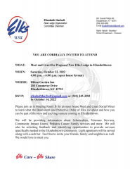 Proposed Elks Lodge Meet and Greet Social Mixer, October 22, 2022, Hilton Garden Inn Elizabethtown