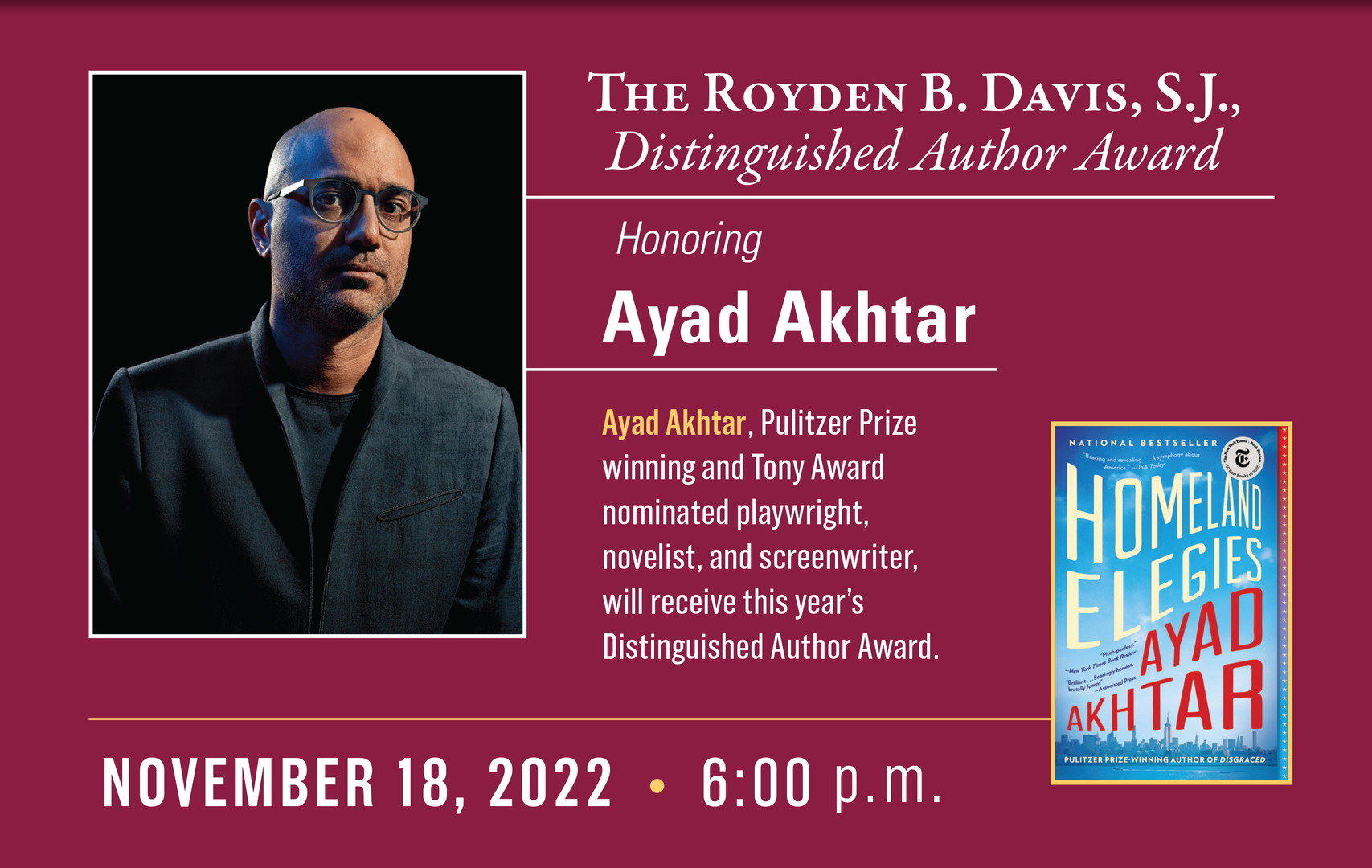 University of Scranton Weinberg Library Distinguished Author Award with Ayad Akhtar, Scranton, Pennsylvania, United States