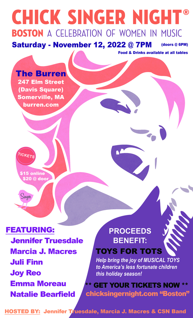 Chick Singer Night Boston music showcase on 11/12 to benefit musical-themed toys for TOYS FOR TOTS, Somerville, Massachusetts, United States