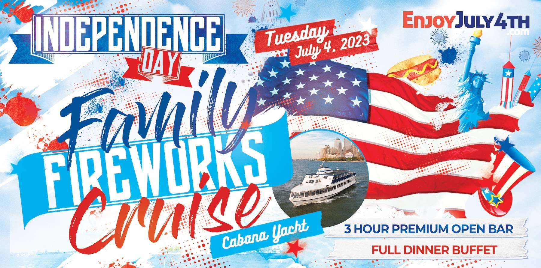 4th of July Family Fireworks Cruise in New York City aboard the Cabana Yacht - Tuesday July 4, 2023, New York, United States
