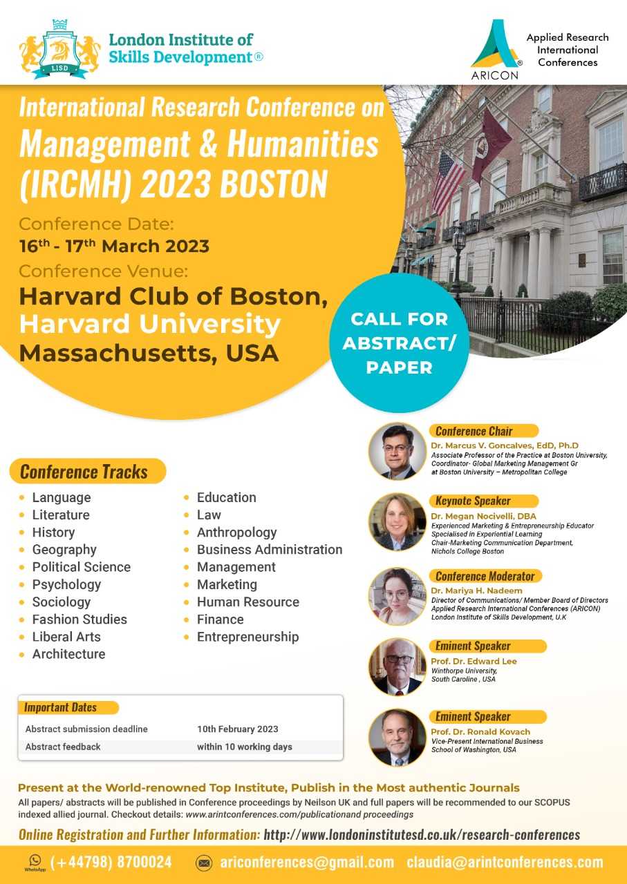 International Research Conference on Management & Humanities (IRCMH) 2023 Harvard, USA, Boston, Massachusetts, United States