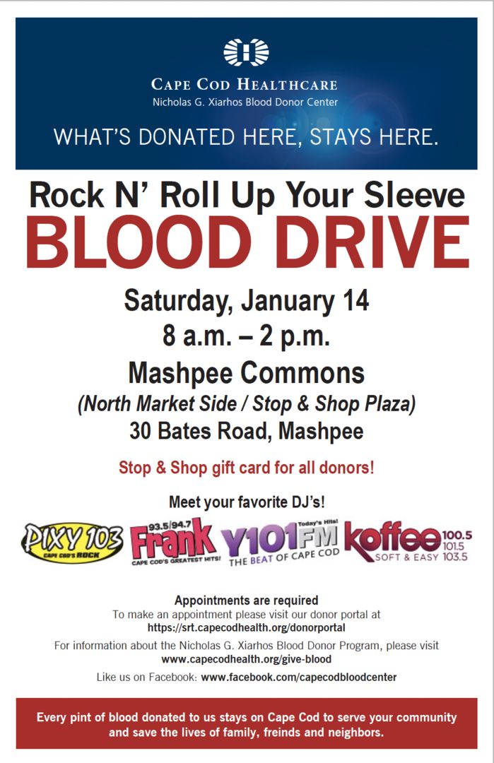 Rock N’ Roll Up Your Sleeve Blood Drive Event at Mashpee Commons on January 14!, Mashpee, Massachusetts, United States