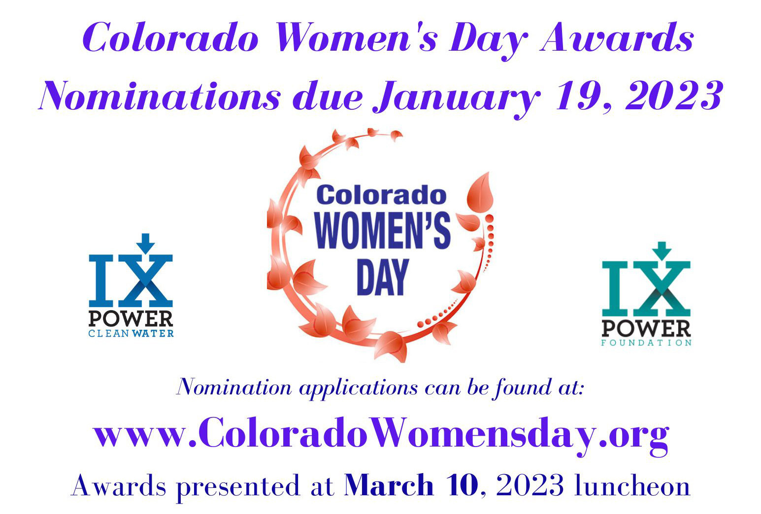 Co Women's Day Awards Nominations due Jan. 19, Golden, Colorado, United States