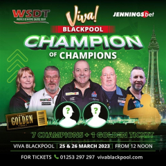 World Seniors Darts Tour - Champion of Champions! Blackpool, March 23rd-25th @ The Viva Arena Stage