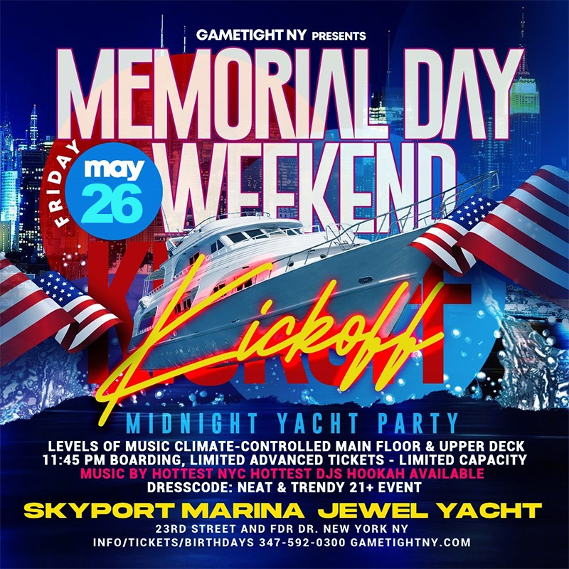 NYC Memorial Day Weekend Friday Kickoff Jewel Yacht Party Cruise 2023, New York, United States