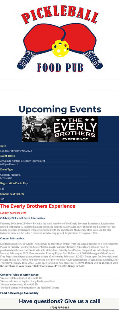 Celebrity Pickleball Event and Everly Brothers Experience Concert at the Pickleball Food Pub, Westminster, Colorado, United States