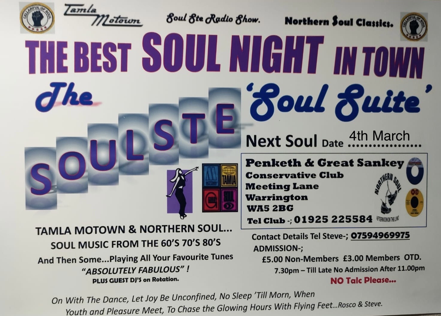 SOULSTE The Best Soul Night In Town Penketh and Gt Sankey Conservative Club WA5 2BG Saturday 4th March, Warrington, England, United Kingdom