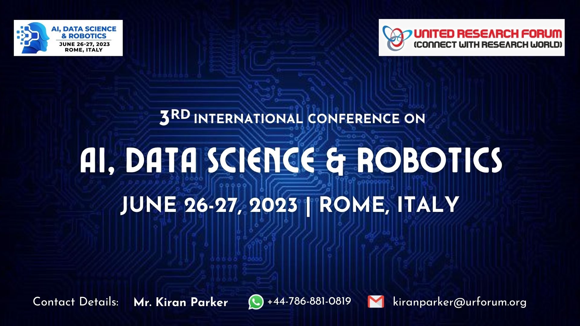 3rd International Conference on AI, Data Science and Robotics, Rome, Lazio, Italy