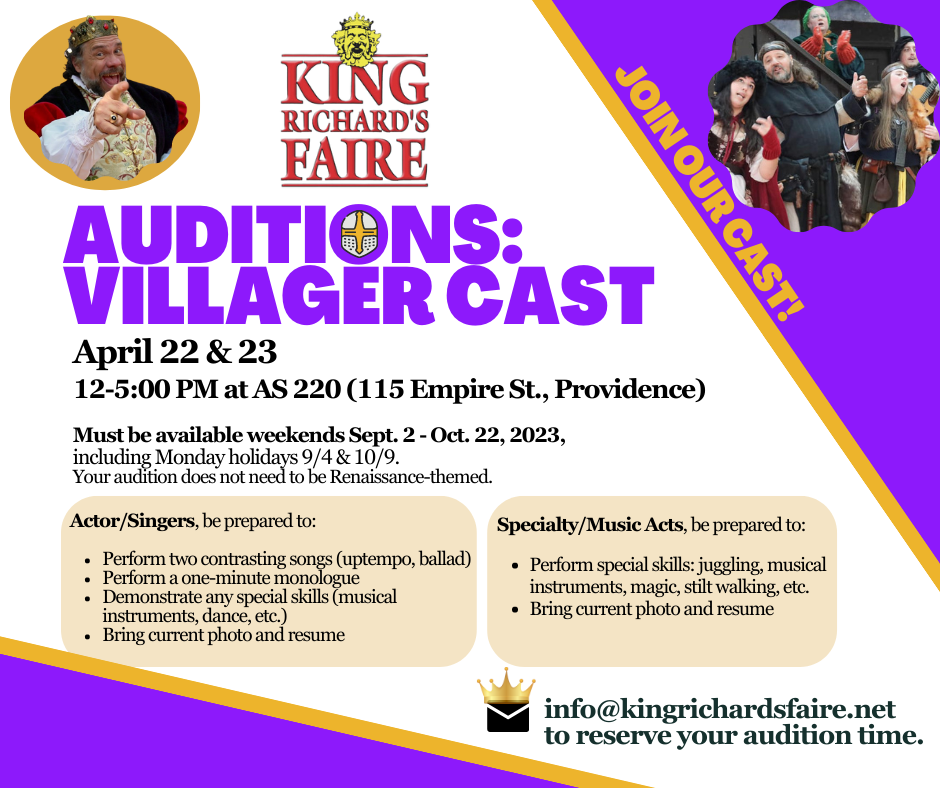 King Richard's Faire auditions for 2023 Villager Cast, Providence, Rhode Island, United States
