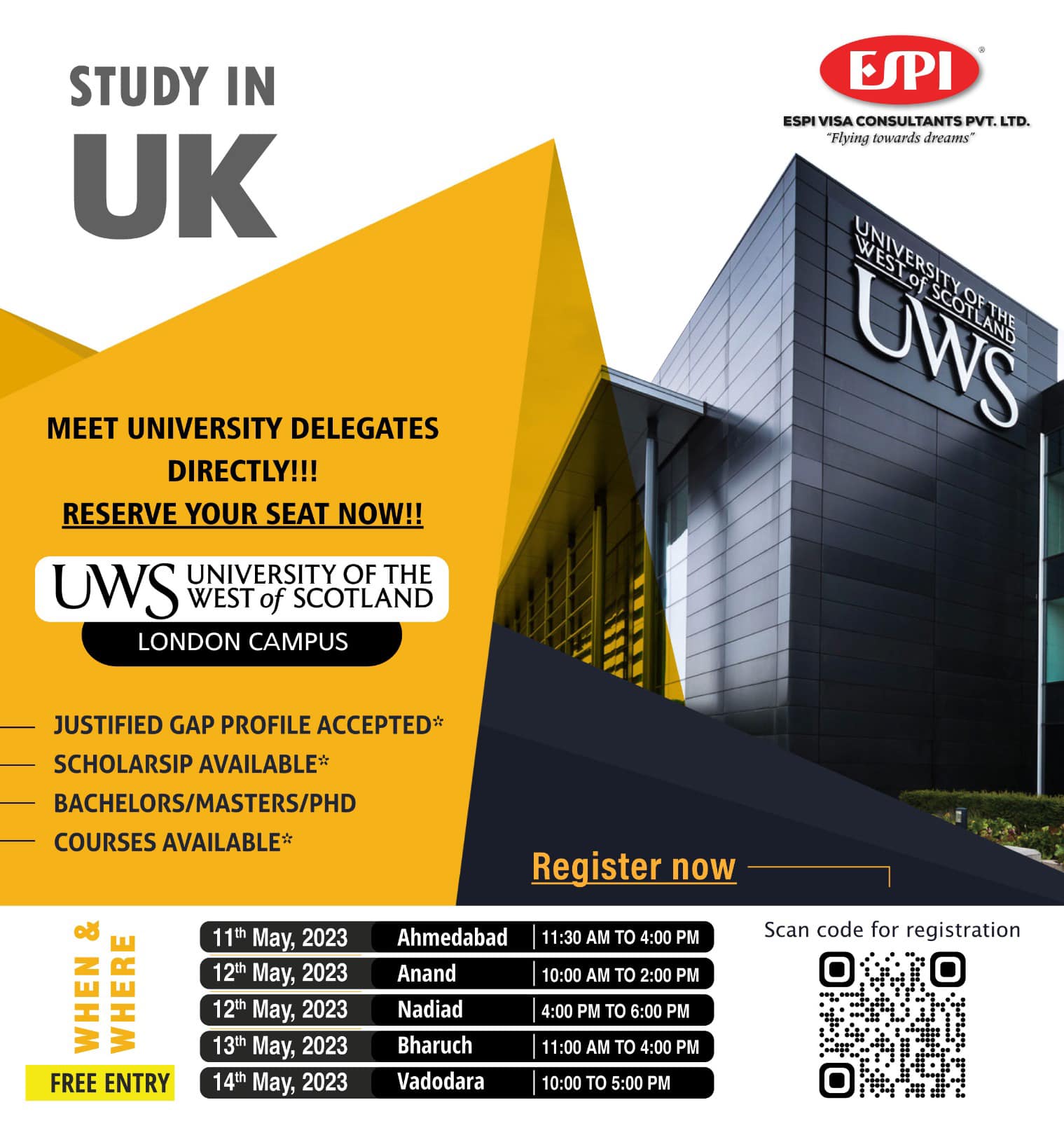 Register Now and Study in UK without IELTS at UWS London, Vadodara, Gujarat, India