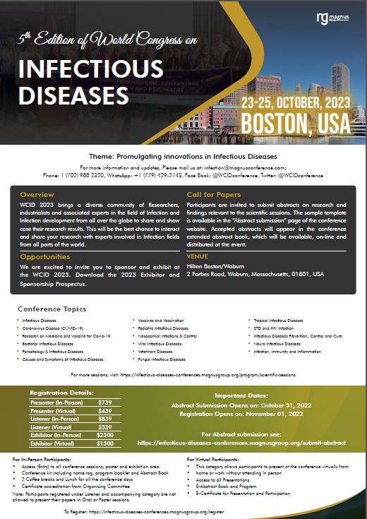5th Edition of World Congress on Infectious Diseases, Hilton Boston, Massachusetts, United States