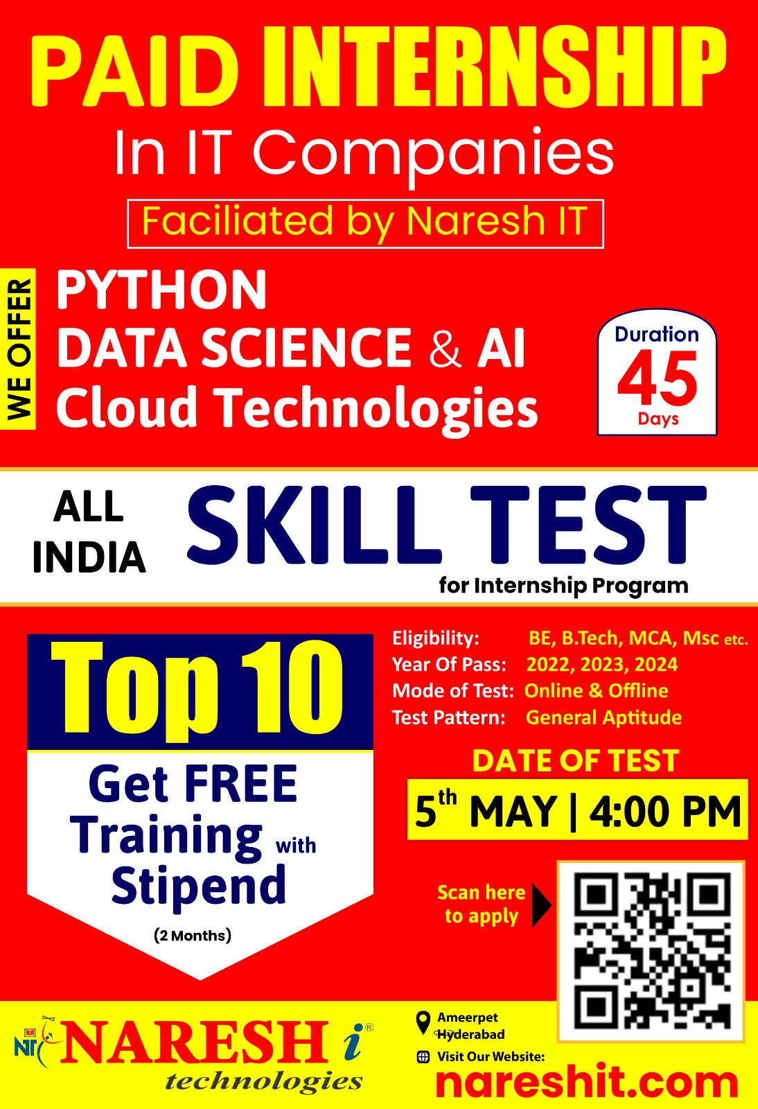 Grab Paid Internship Offers in IT Companies through Naresh IT Skill Test, Hyderabad, Andhra Pradesh, India