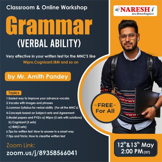 Free Online Webinar On Grammar (Verbal Ability) By Mr. Amith Pandey - NareshIT, Online Event