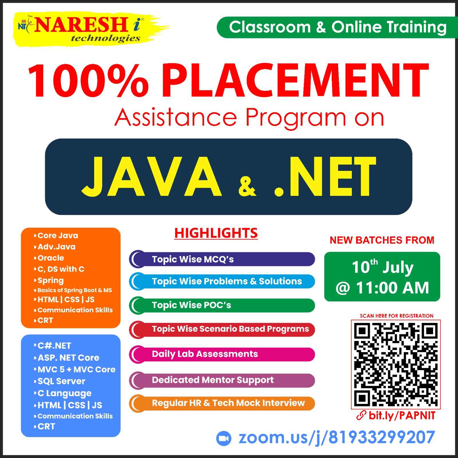 100% Placement Assistance Program On Java Developer & Dot Net - 8179191999, Online Event