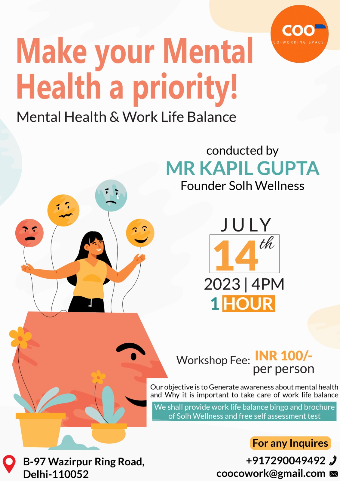 Work - Life Balance Workshop at COO Coworking by Kapil Gupta | Solh Wellness, North Delhi, Delhi, India