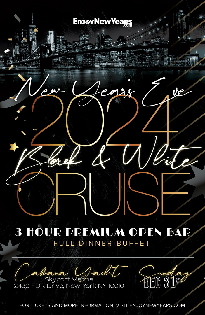 Black and White New Year's Eve 2024 Gala Fireworks Cruise aboard the Cabana Yacht New York City, USA, New York, United States