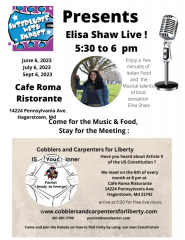 Elisa Shaw, Live Music and Learn about Article V of US Constitution Sept 6th 2023, Hagerstown Md