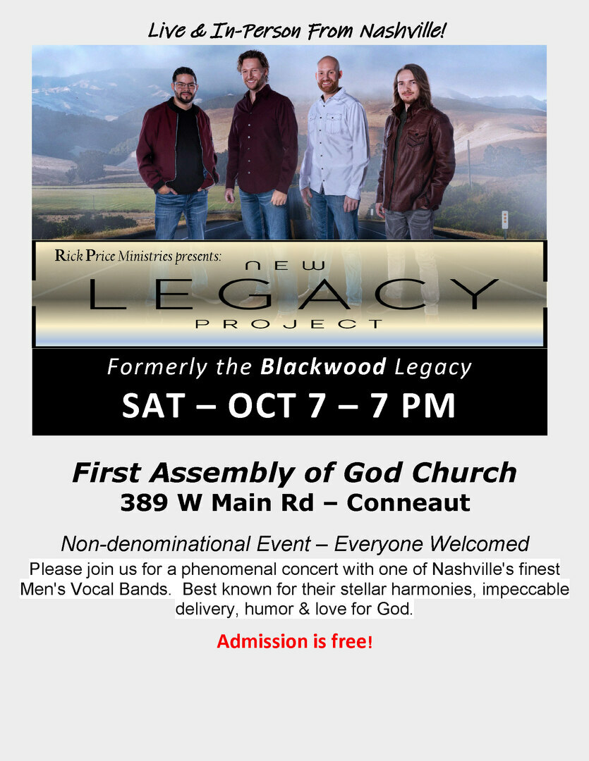 Nashville-based vocal band, New Legacy Project, in free concert @ First Assembly of God in Conneaut, Conneaut, Ohio, United States
