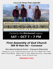 Nashville-based vocal band, New Legacy Project, in free concert @ First Assembly of God in Conneaut