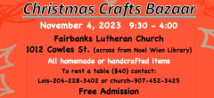 Christmas Bazaar on Nov. 4 at Fairbanks Lutheran Church 1012 Cowles St. Fairbanks