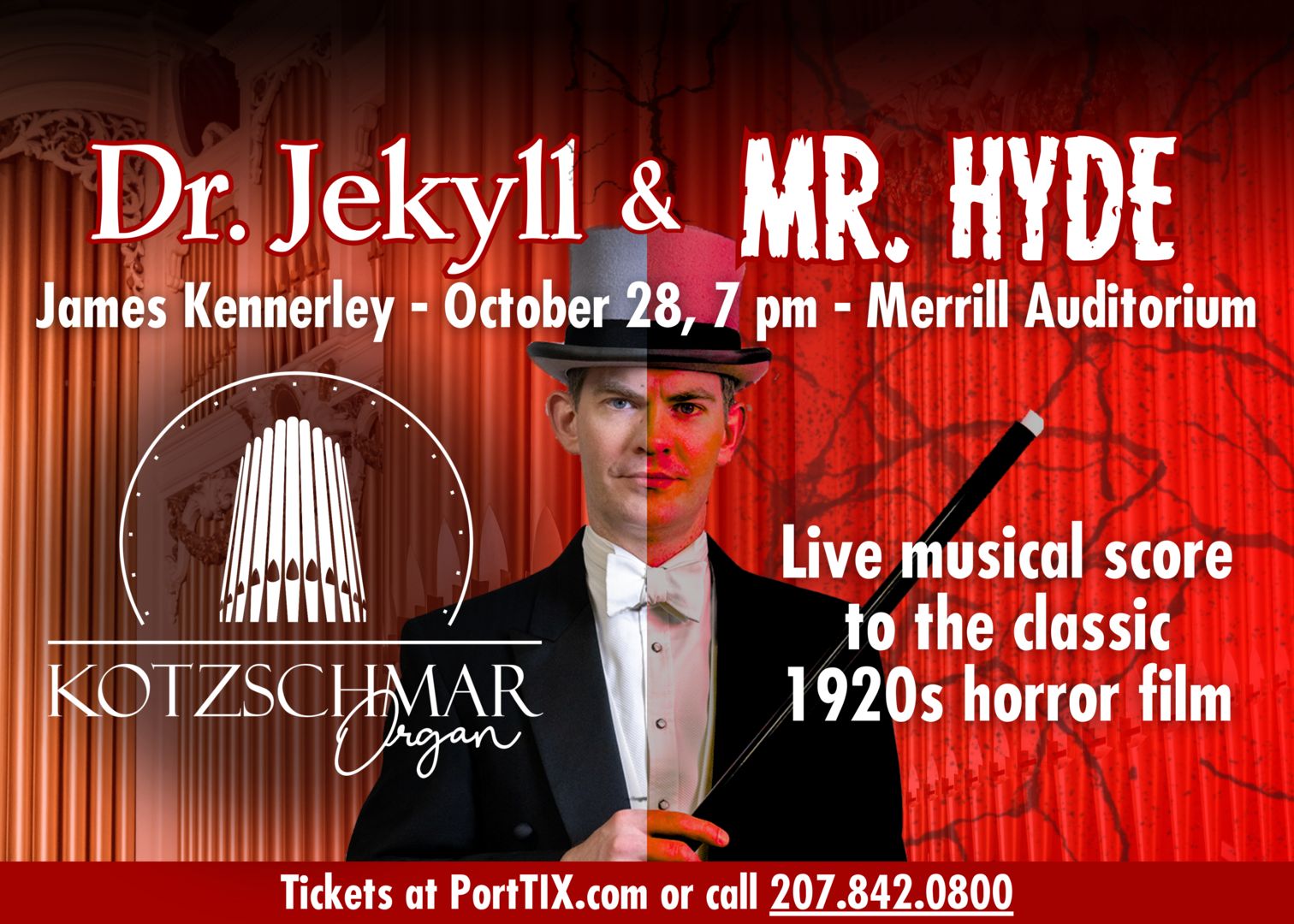 1920s Horror Film Dr. Jekyll and Mr. Hyde with LIVE Organ Improv, Portland, Maine, United States