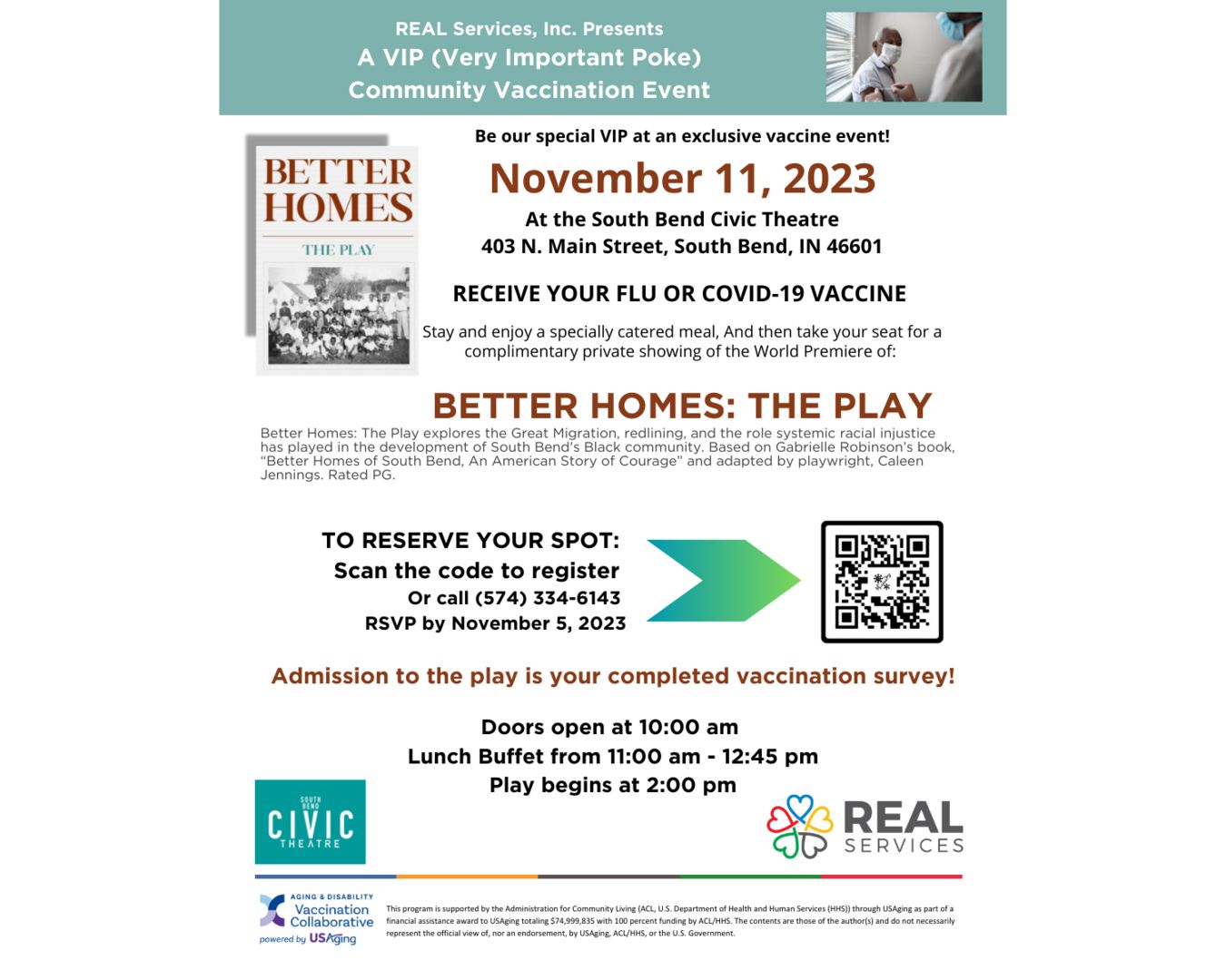 VACCINE CLINIC AND SHOWING OF BETTER HOMES: THE PLAY, South Bend, Indiana, United States