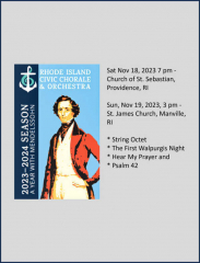 Rhode Island Civic Chorale and Orchestra All Mendelssohn Concert, Nov. 19 3PM