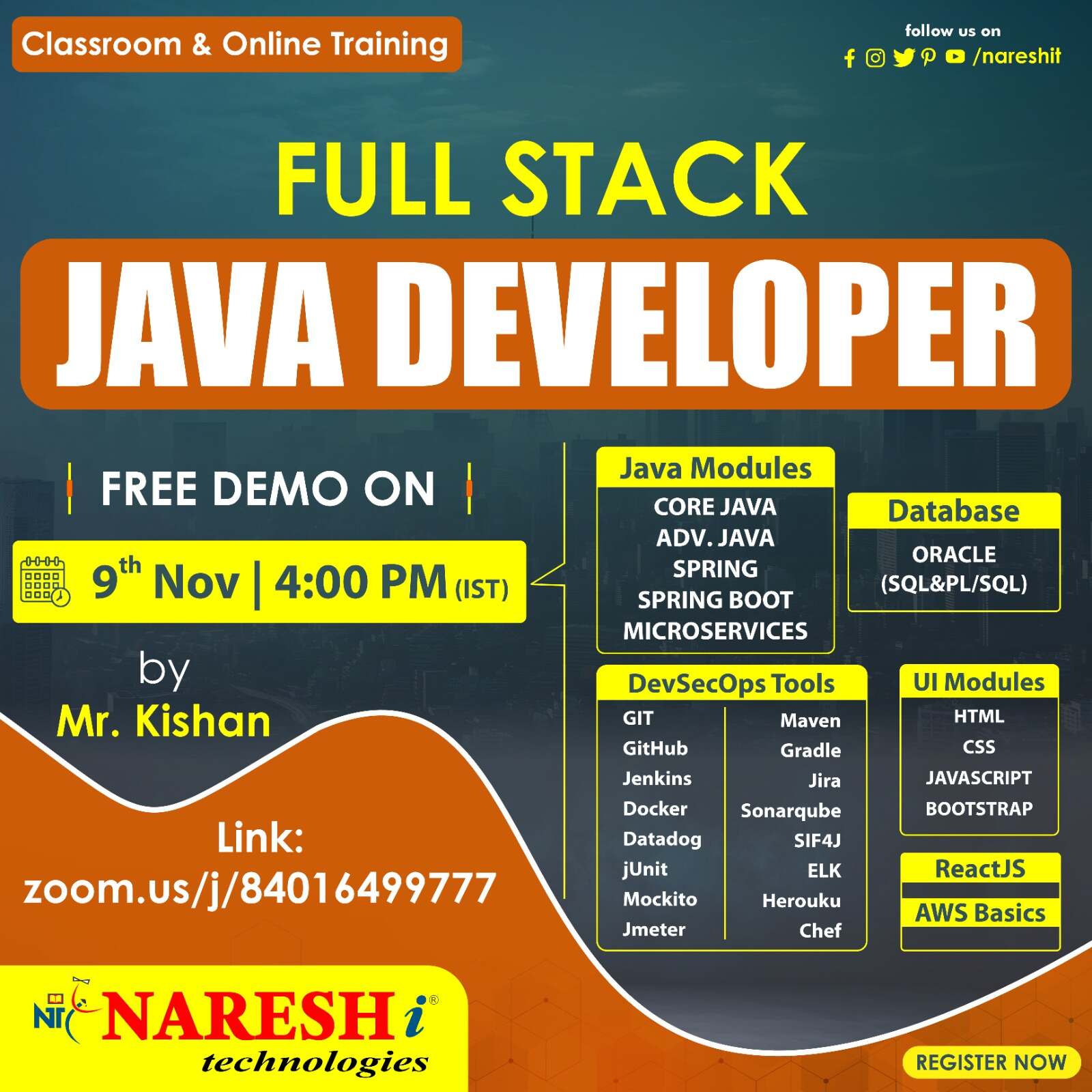 Java Full Stack Online Course Training in NareshIT, Online Event