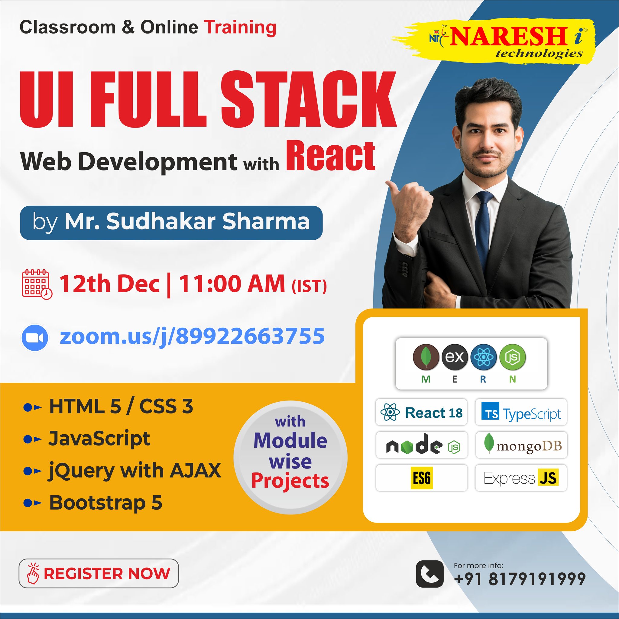 UI Full Stack Web with React JS by Mr.Sudhakar Sharma | NareshIT, Online Event