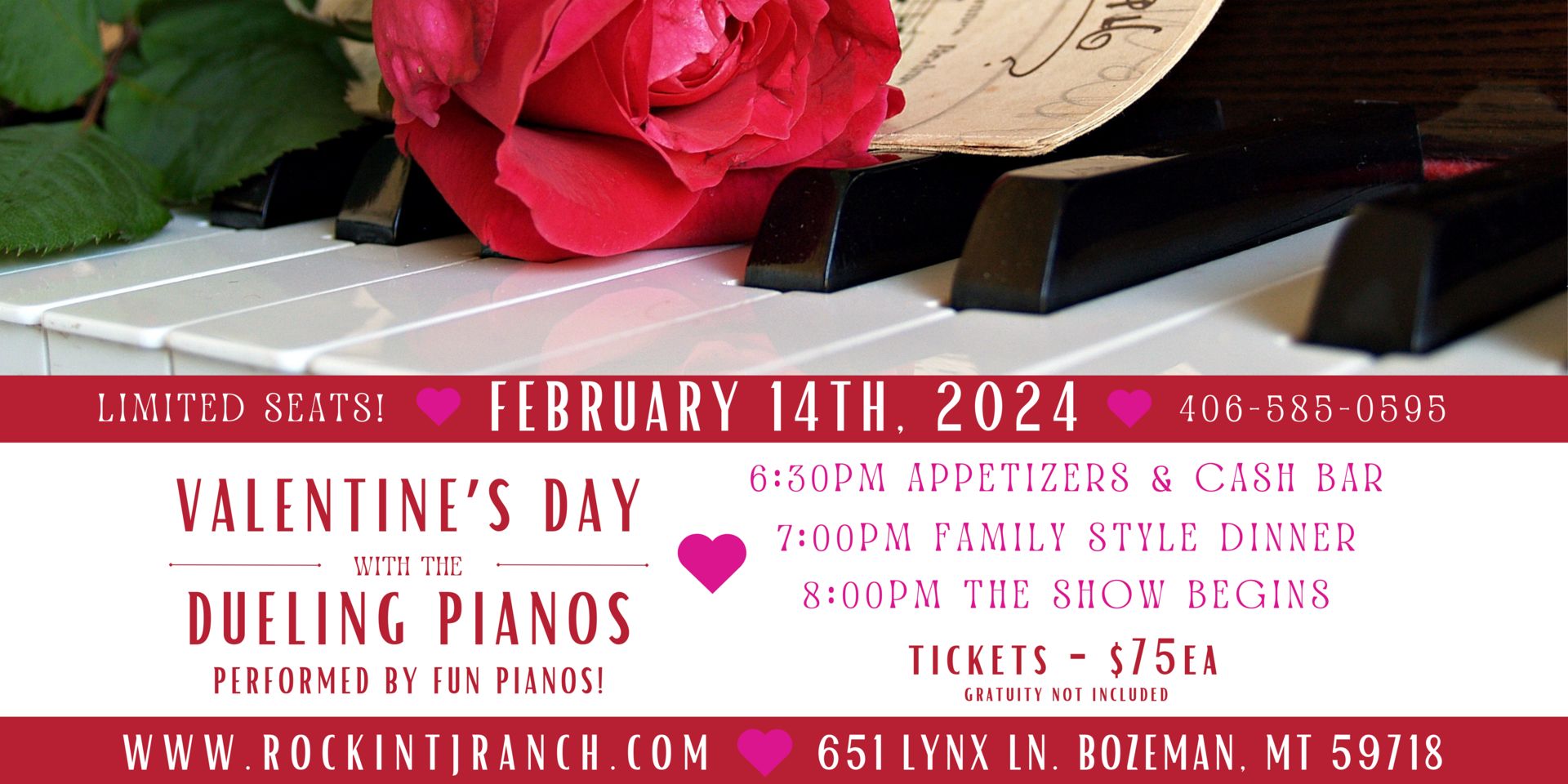 Tickets Now Available for Valentine's Dinner and Dueling Pianos at Rockin' TJ Ranch, Bozeman, Montana, United States