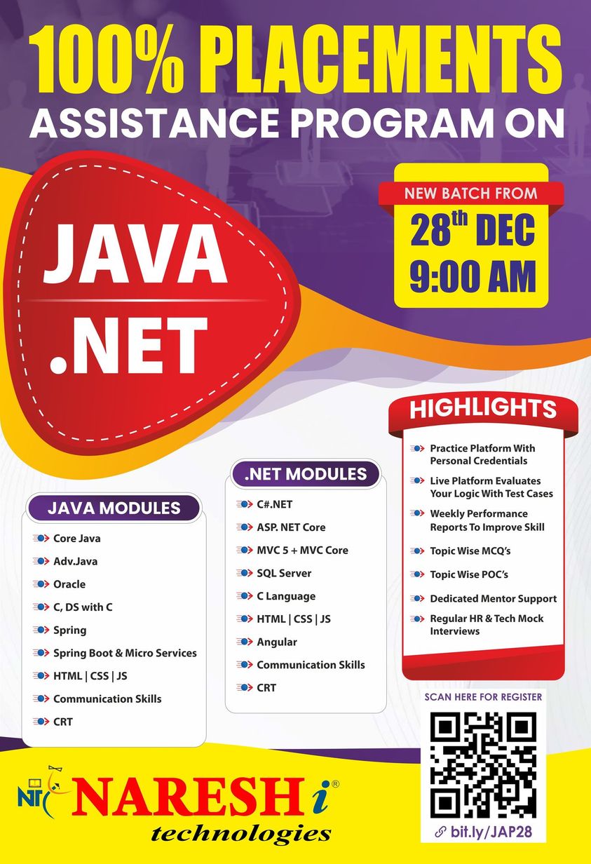 100% Placement Assistance Program On Java Developer & .Net 28th Dec - Naresh IT, Online Event