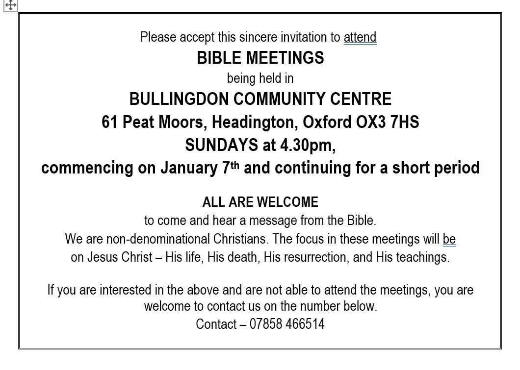 Christian Bible Meetings, Oxford, England, United Kingdom