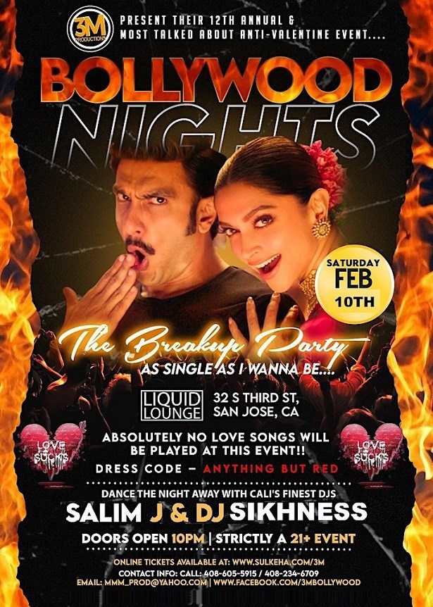 Bollywood Nights Anti-Valentine Bash on Sat Feb. 10th at Liquid in San Jose, San Diego, California, United States