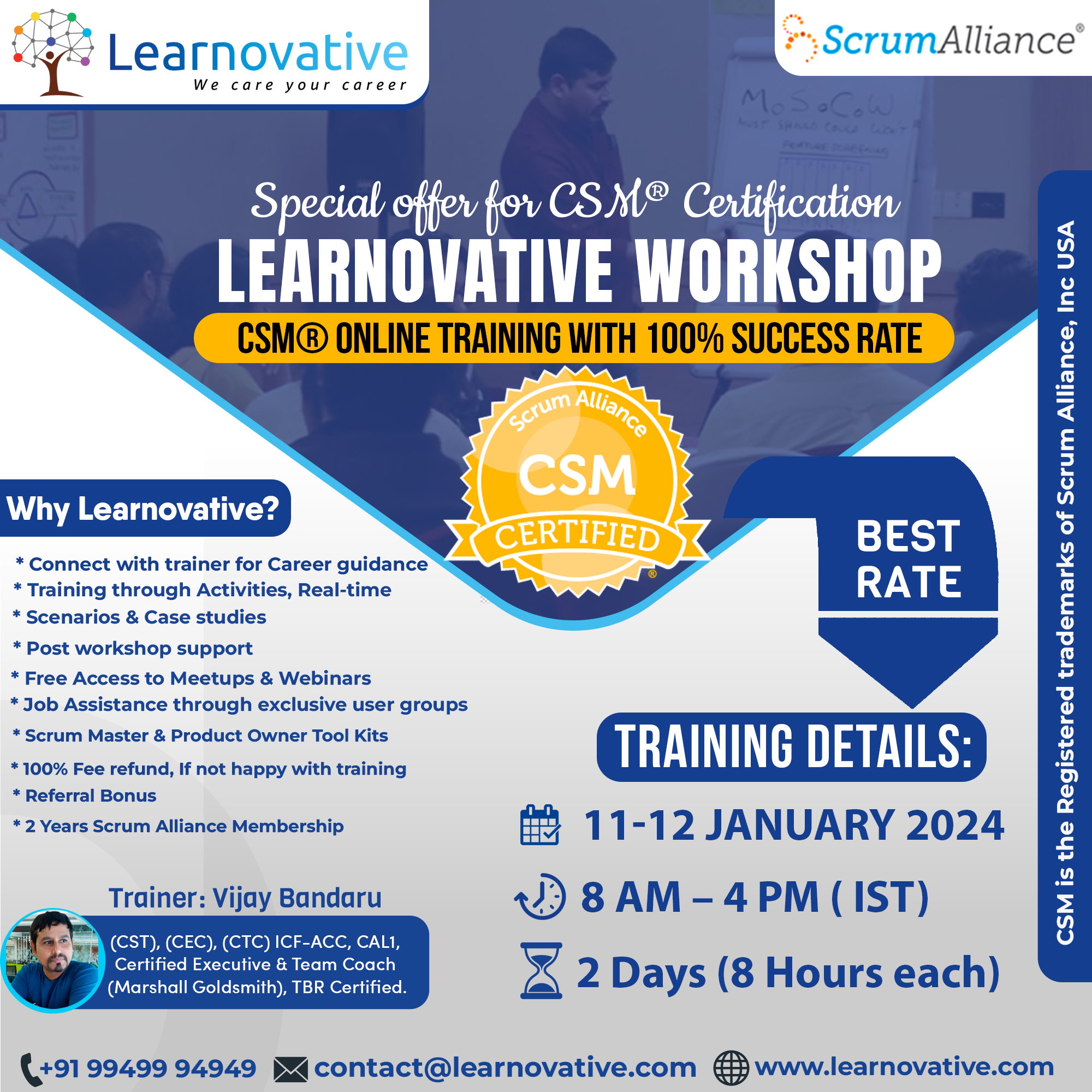 CSM Online Training on 11 -12 January 2024 | Learnovative| CSM Scrum Master Training and Certification In Hyderabad, Online Event