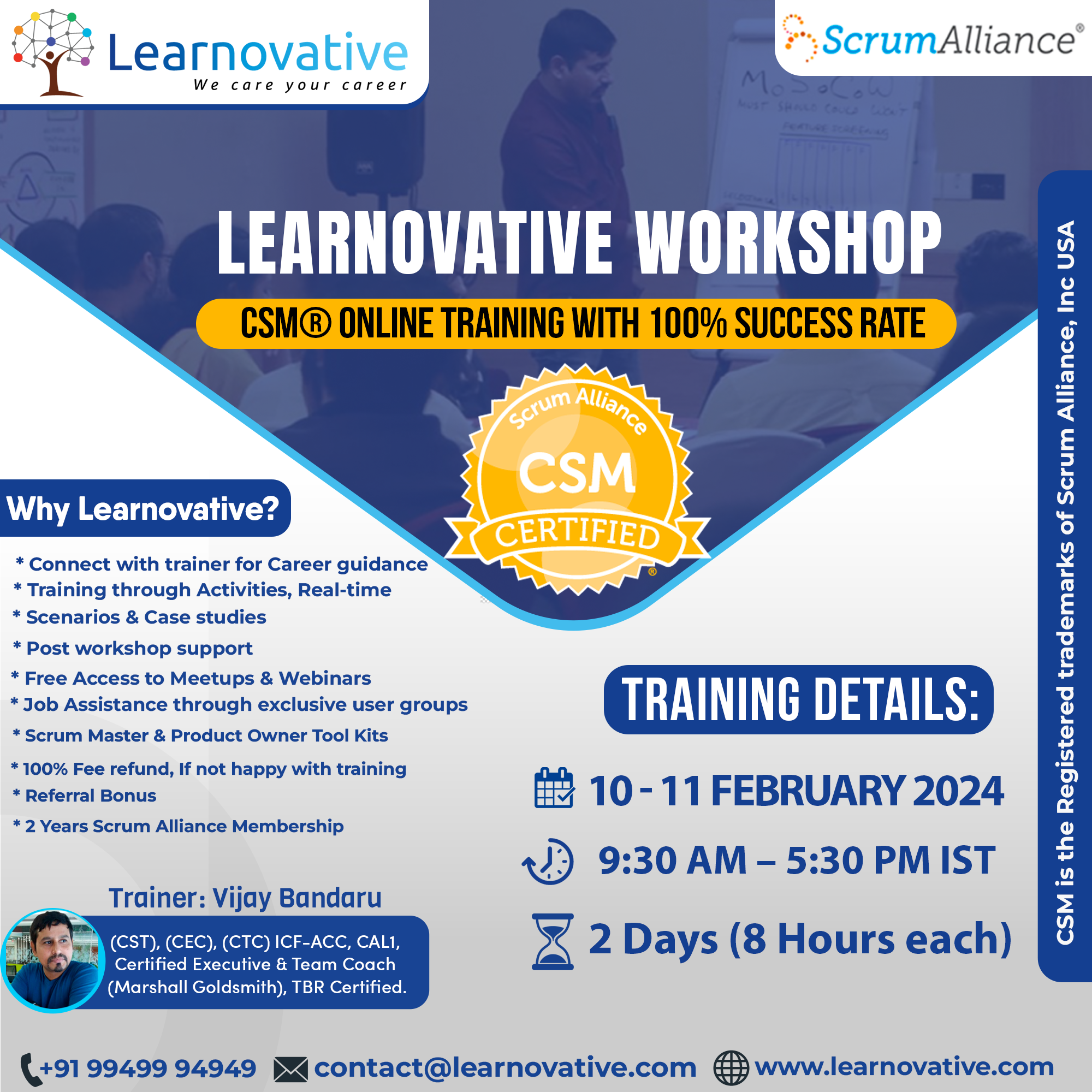 CSM Online Training on 10 - 11 february 2024 | Learnovative| CSM Scrum Master Training and Certification In Hyderabad, Online Event