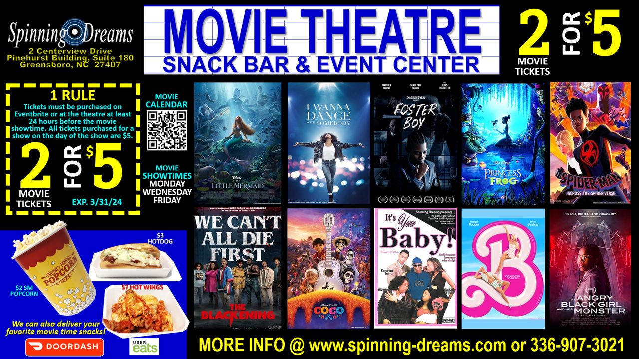 2 Movie Tickets for $5 @ Spinning Dreams (2/13 - 3/31/24), Greensboro, North Carolina, United States