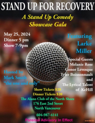Stand Up For Recovery! Join us on Sat May 25, 2024 at 7:00 PM at the North Shore Alano Club